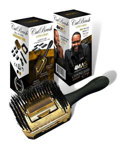 4MAS Self-Grooming Hair and Beard Cutting Hairbrush, (CutBrush Black and Gold Mod 3) 5 Comb Attachments and Charging Cable Included
