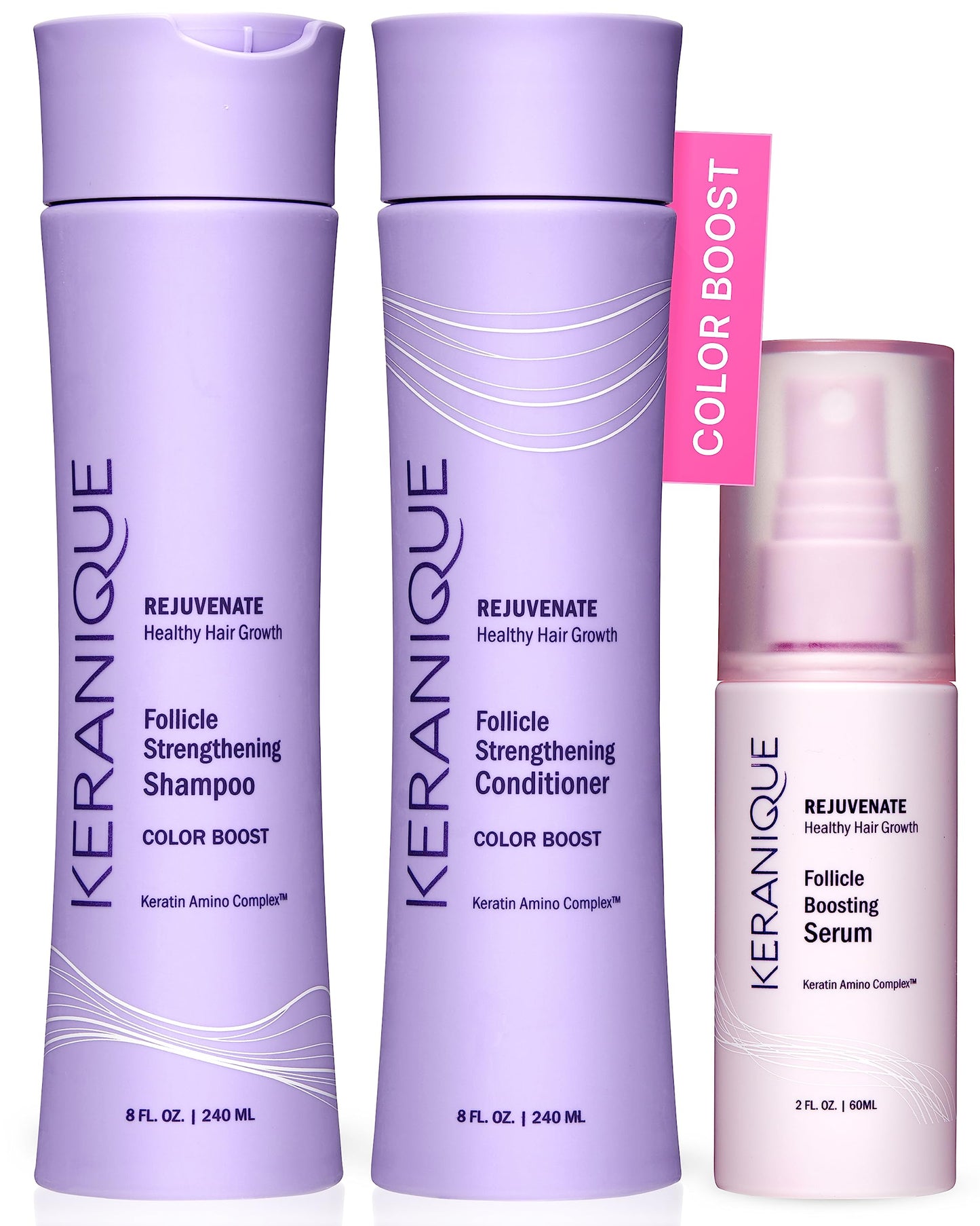 Keranique Color Treated Shampoo and Conditioner Set with Follicle Booster Hair Serum - Keratin Enriched Color Boost Set w/Shampoo, Conditioner & Thickening Spray for Women w/Fine, Thin, Colored Hair