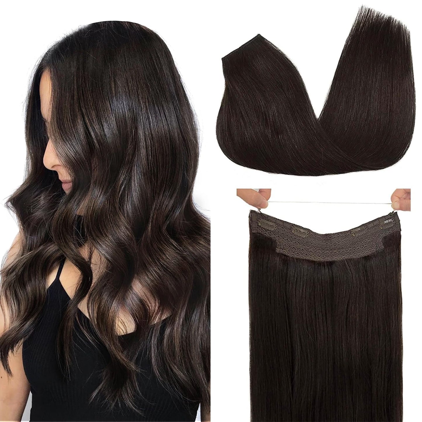 GOO GOO Wire Hair Extensions Real Human Hair, 18inch 95g Dark Brown, Invisible Wire Hair Extensions with Transparent, Seamless Fish Line Hairpiece, Straight Remy Hair Extensions
