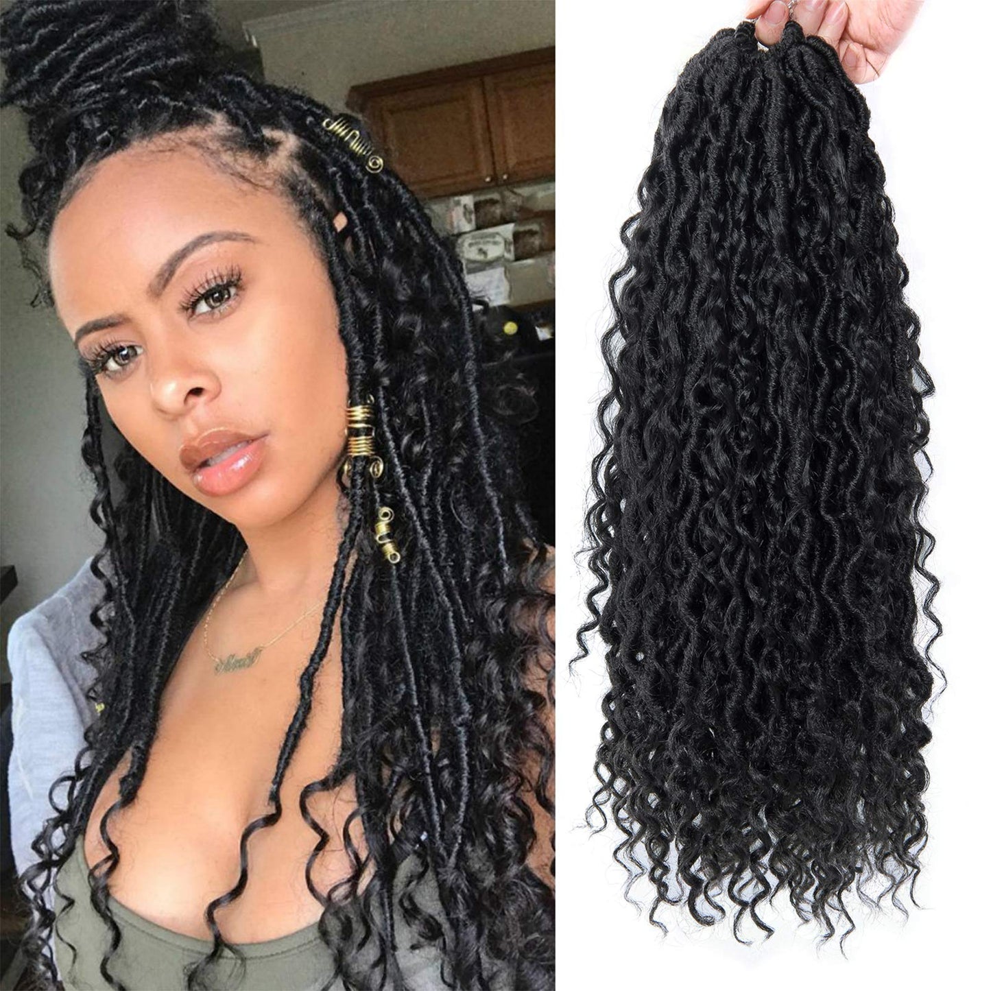 New Goddess Locs Crochet Hair Extensions 18Inch Pre-looped River Fauxs Locs Wavy Curly Fauxlocs Bohemian Crochet Braids 4Packs(1B, 18inch) …