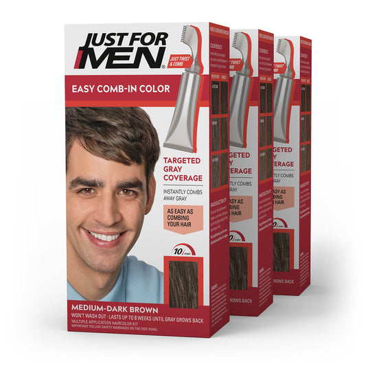 Just For Men Easy Comb-In Color Mens Hair Dye, Easy No Mix Application with Comb Applicator - Medium-Dark Brown, A-40, Pack of 3