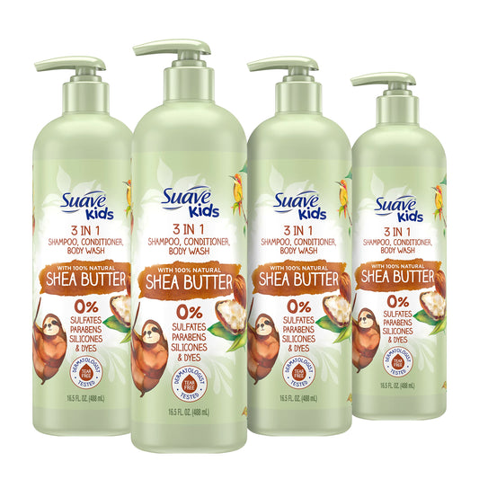 Suave Kids Naturals 3in1 Shampoo Conditioner Body Wash with Shea Butter 4 Pack Kids 3 in 1 Dermatologist-Tested and Tear-Free Shampoo Conditioner Bodywash 16.5 oz