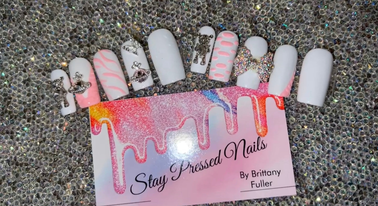 Pink and White Croc Princess Square Press On Nails