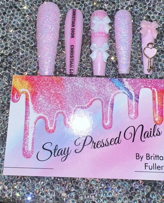 Pink Designer XL Coffin Glitter Key Press On Nails