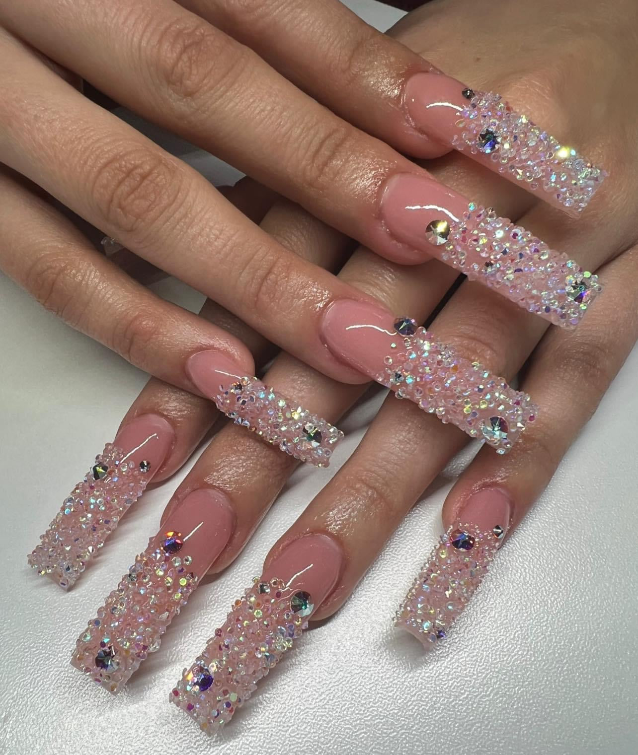 Pink Nude and Crystals Press On Nails