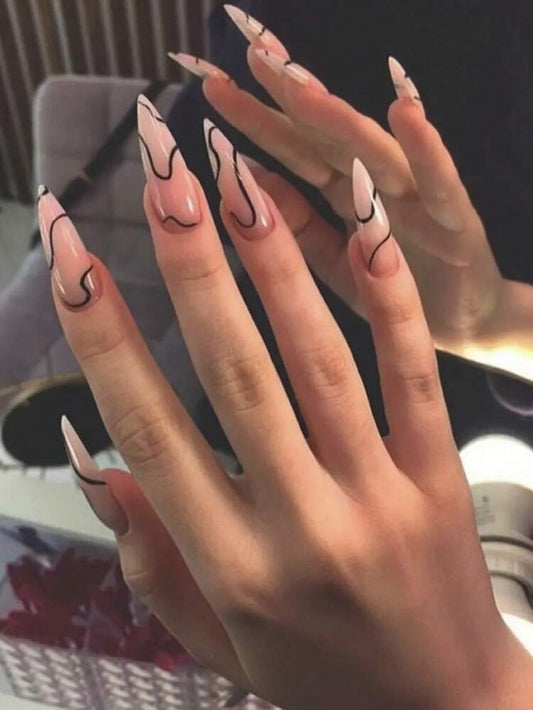Pink Nude & Black Lined Press On Nails