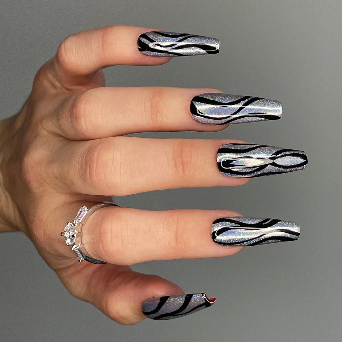 Disco Red Bottoms | Silver Holo Abstract Press on Nails