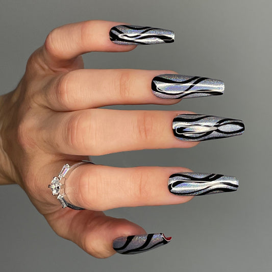 Disco Red Bottoms | Silver Holo Abstract Press on Nails